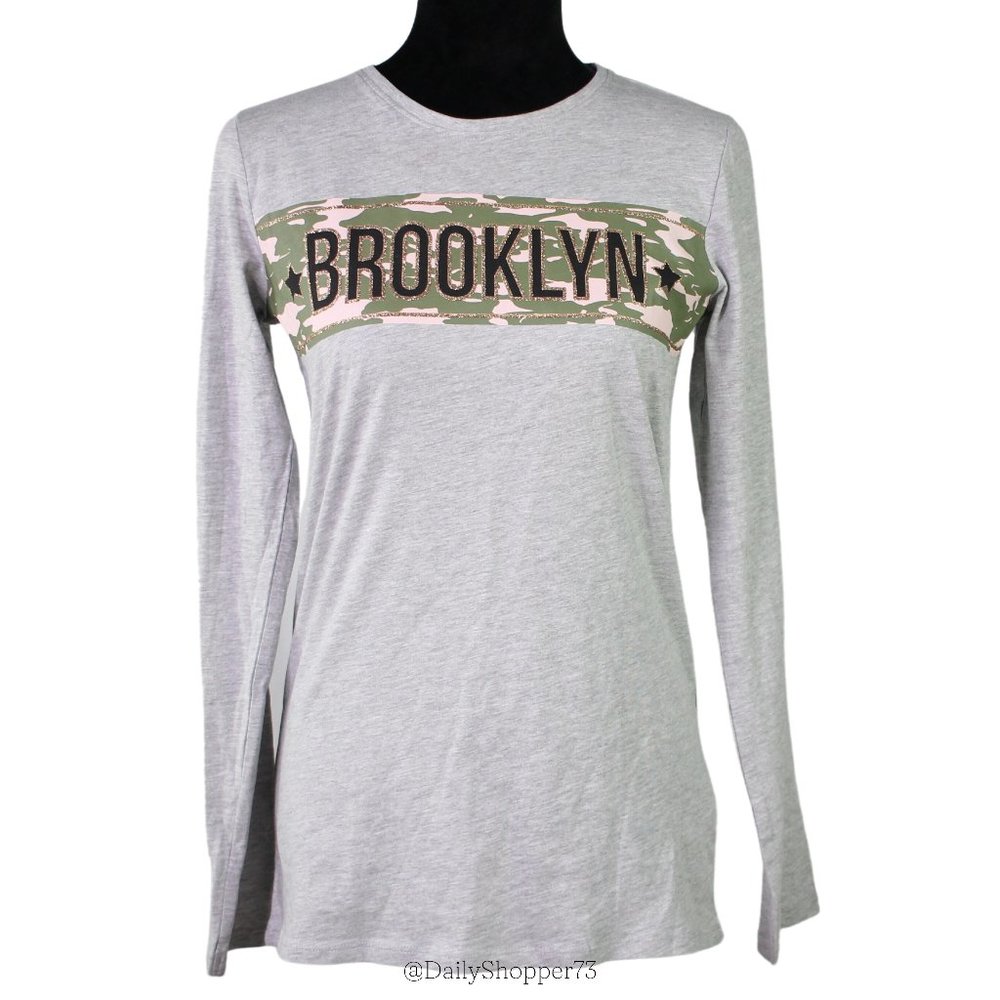 Primark Girls' Grey & Camouflage "Brooklyn" Gold Glitter Long Sleeve Tee Shirt